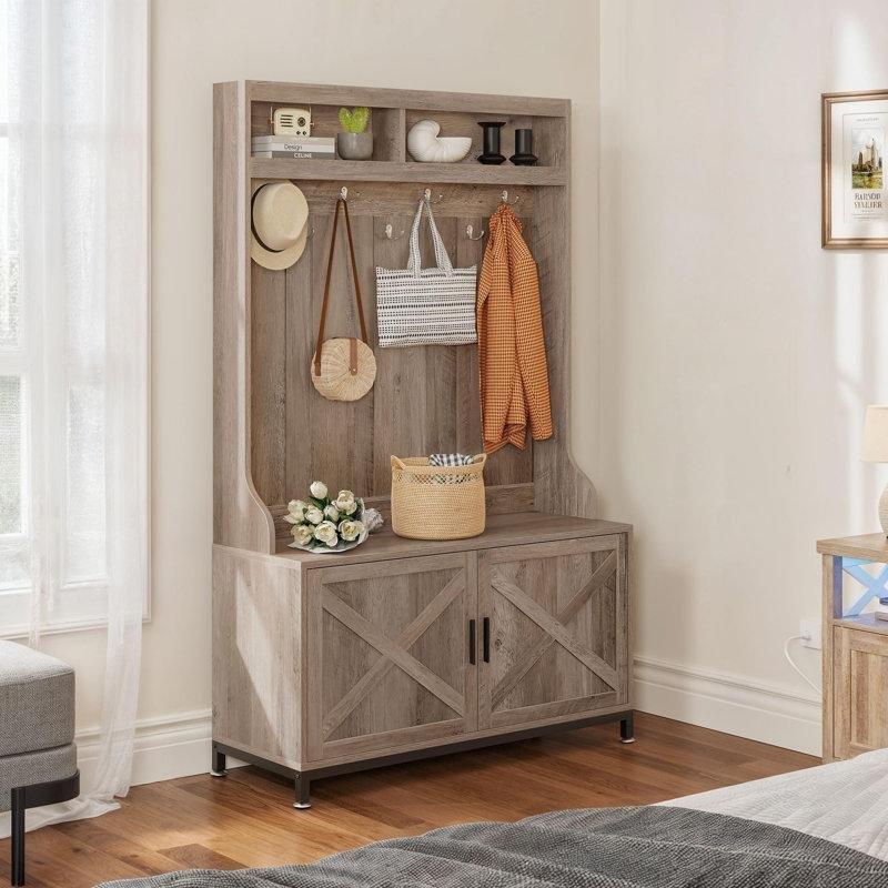 Rustik MDF Oturaklı ve Ayakkabı Dolaplı Portmanto Vestiyer - 100 cm - 159664