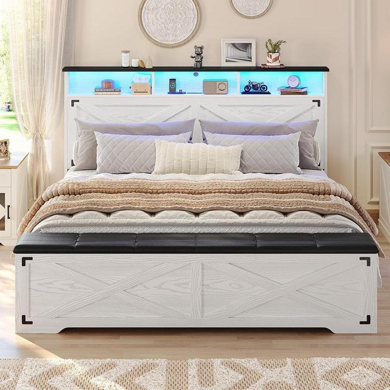 Rustik Metal ve Endüstriyel Ahşap Depolama Başlıklı LED Işıklı Şarj İstasyonlu Banklı Karyola - 158x241 cm - 142417
