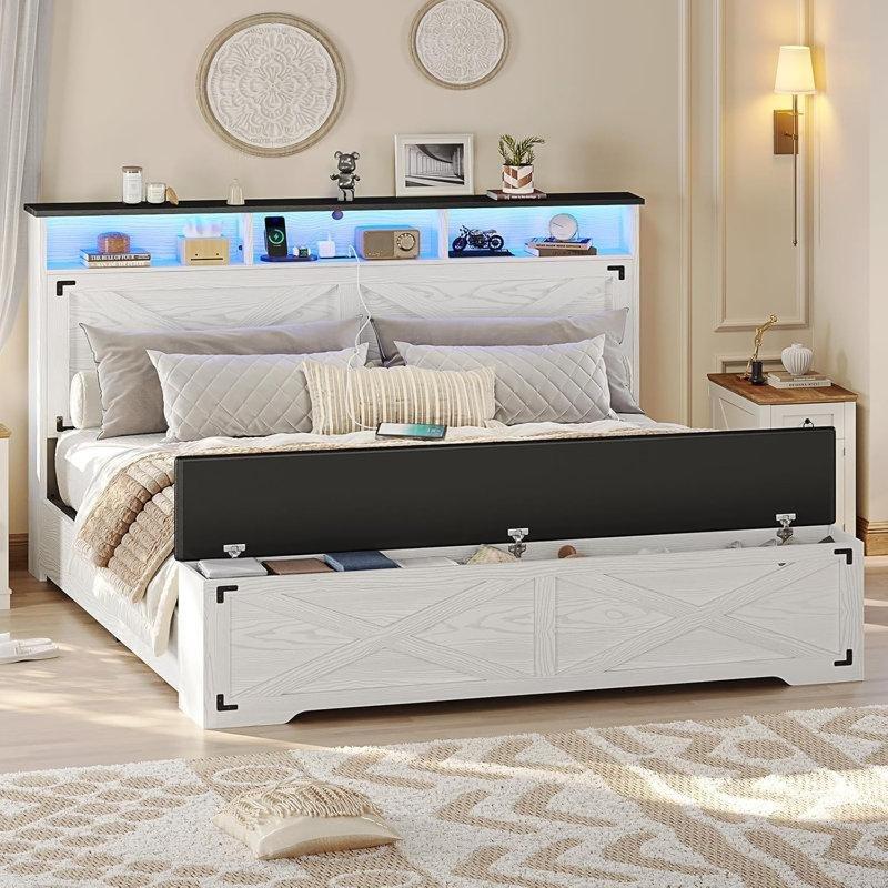 Rustik Metal ve Endüstriyel Ahşap Depolama Başlıklı LED Işıklı Şarj İstasyonlu Banklı Karyola - 158x241 cm - 142417