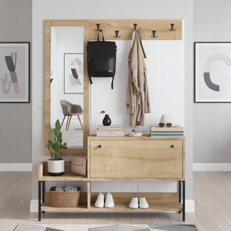 Safir Meşe Endüstriyel Ahşap Aynalı Ayakkabılıklı 5 Askılı Portmanto Vestiyer - 120 cm - 159640