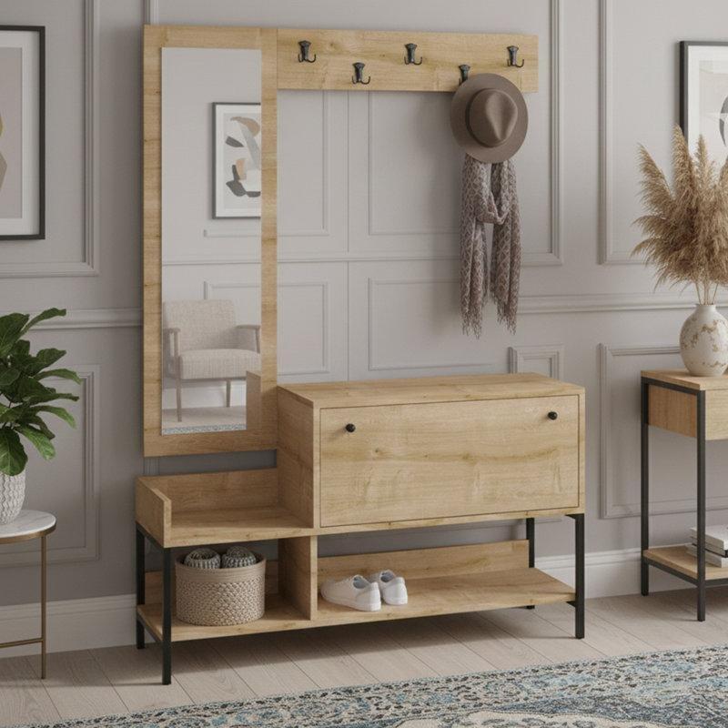 Safir Meşe Endüstriyel Ahşap Aynalı Ayakkabılıklı 5 Askılı Portmanto Vestiyer - 120 cm - 159640