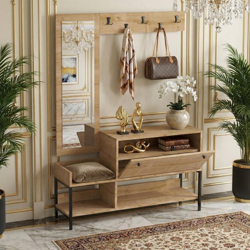 Safir Meşe Endüstriyel Ahşap Aynalı Ayakkabılıklı 5 Askılı Portmanto Vestiyer - 120 cm - 159640