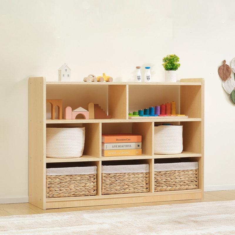 Sarı Endüstriyel Ahşap 8 Bölmeli 3 Katlı Montessori Oyuncak Dolabı - 114 cm - 149961