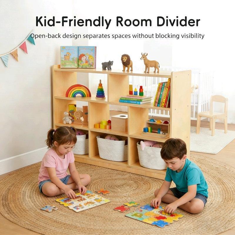 Sarı Endüstriyel Ahşap 8 Bölmeli 3 Katlı Montessori Oyuncak Dolabı - 114 cm - 149961
