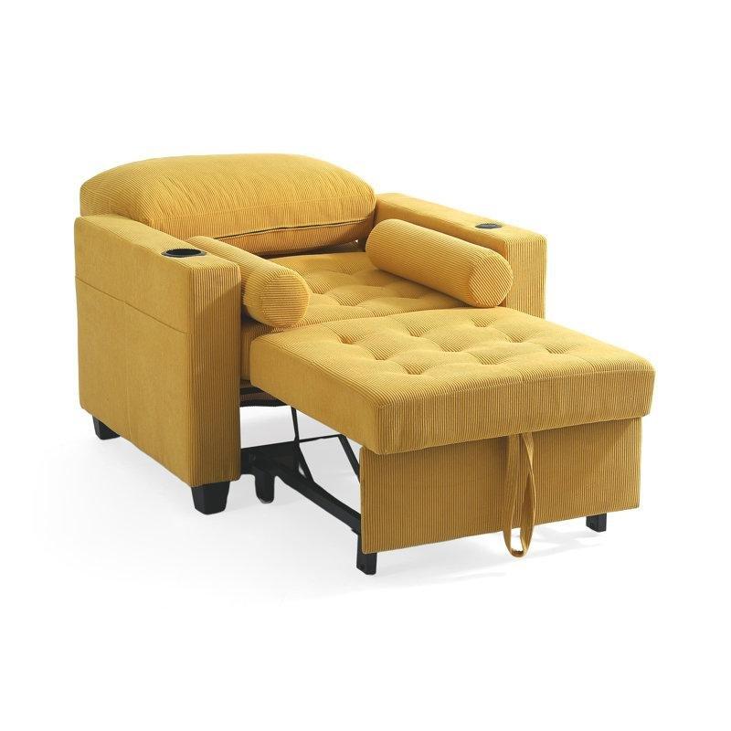 Sarı Fitilli Kadife USB Çıkışlı ve Bardaklıklı Yatağa Dönüşebilen Tekli Koltuk - 156301