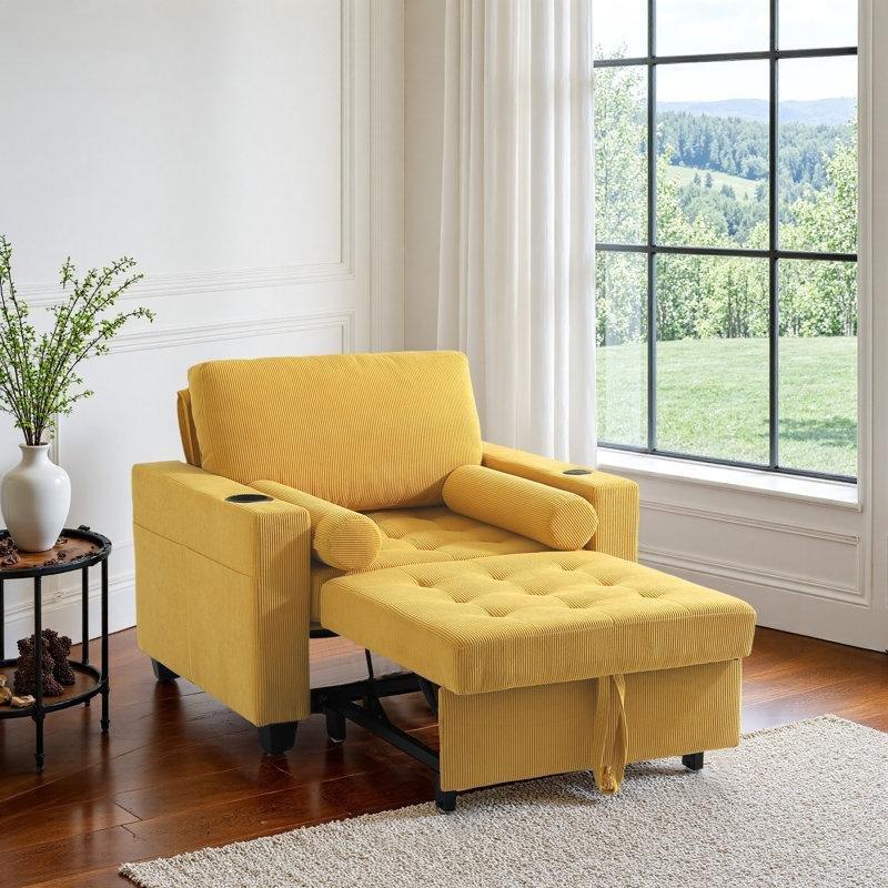 Sarı Fitilli Kadife USB Çıkışlı ve Bardaklıklı Yatağa Dönüşebilen Tekli Koltuk - 156301