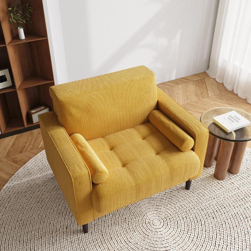 Sarı Fitilli Kumaş Ahşap Ayaklı Kapitoneli 2 Kırlentli Berjer Koltuk - 88 cm - 156649