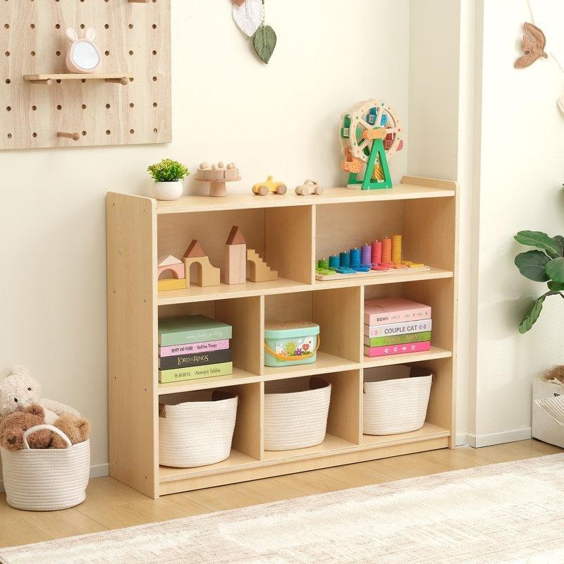 Sarı Geri Kazanılmış Ahşap 8 Bölmeli Yatay Montessori Oyuncak Dolabı - 114 cm - 149982