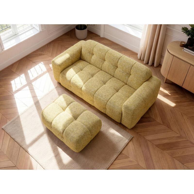 Sarı Masif Ahşap Puflu Kırçıllı Kumaş 3 Kişilik Koltuk - 232 cm - 152129