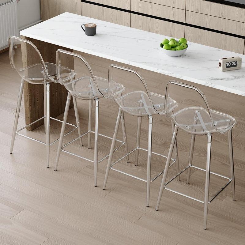 Şeffaf Gümüş Metal Ayak Destekli 4lü Set Bar Sandalyesi - 66 cm - 148110