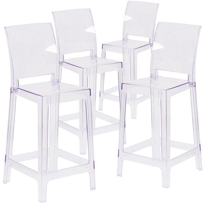 Şeffaf Kristal Akrilik Ayak Destekli Tam Sırtlı Plastik Bar Sandalyesi 4lü Set - 61 cm - 148350