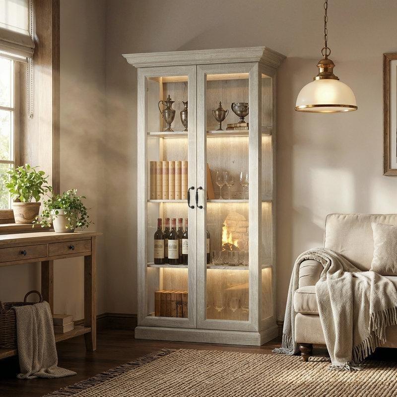 Sıcak Meşe Masif Kayın ve MDF LED Işıklı Temperli Cam Kapaklı Vitrin - Gümüşlük - 177x94x47 cm - 156967