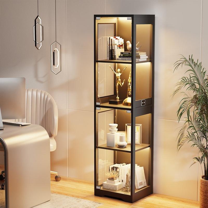Siyah 3 Renkli LED Işıklı ve İnsan Sensörlü 4 Raflı Camlı Oyuncak Dolabı - 161x35x41 cm - 150261