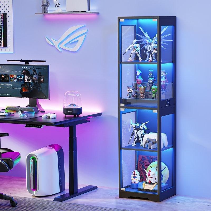 Siyah 3 Renkli LED Işıklı ve İnsan Sensörlü 4 Raflı Camlı Oyuncak Dolabı - 161x35x41 cm - 150261