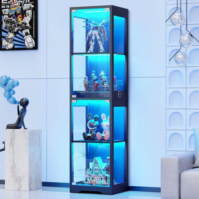 Siyah 3 Renkli LED Işıklı ve İnsan Sensörlü 4 Raflı Camlı Oyuncak Dolabı - 161x35x41 cm - 150261