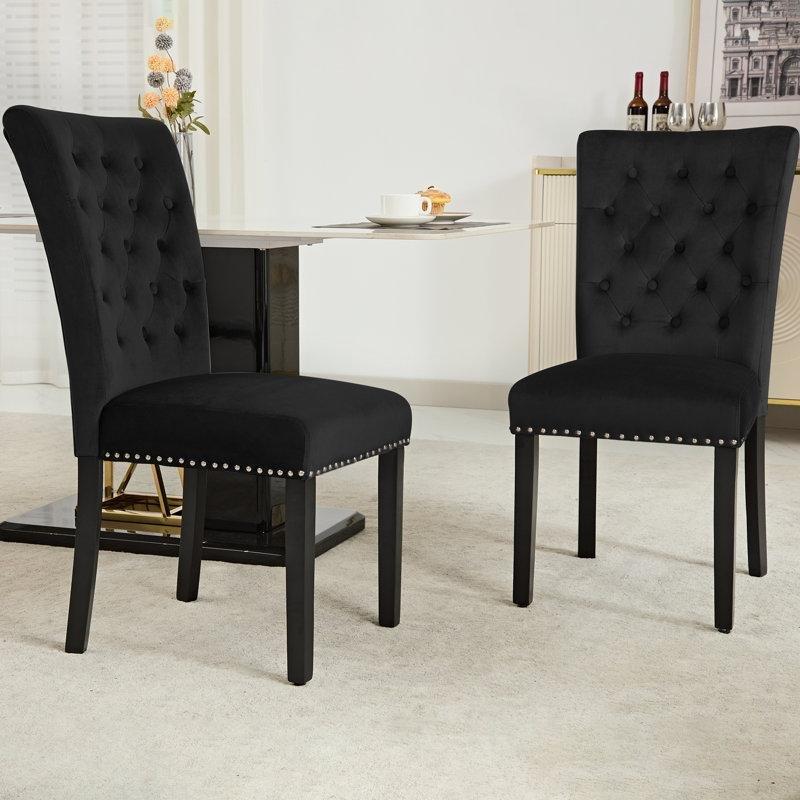 Siyah Ahşap Ayaklı Kadife Kapitoneli 2li Chester Sandalye Seti - 145767
