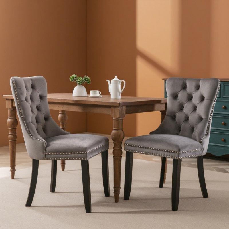 Siyah Ahşap Ayaklı Kapitoneli Halkalı Kadife Chester Sandalye 2li Set - 145752