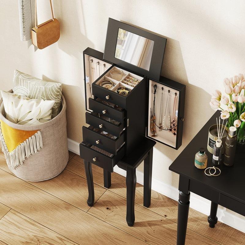 Siyah Ahşap Aynalı Çekmeceli Ayaklı Takı Dolabı - 87 cm - 145329