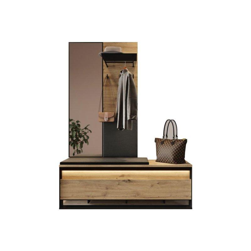 Siyah Ahşap Oturaklı Aynalı LED Aydınlatmalı Portmanto Vestiyer Seti - 135 cm - 158734
