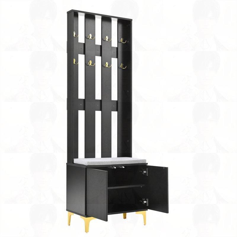Siyah Ahşap Oturaklı Yivli Kapaklı Gold Detaylı Portmanto Vestiyer - 60x35x180 cm - 159598