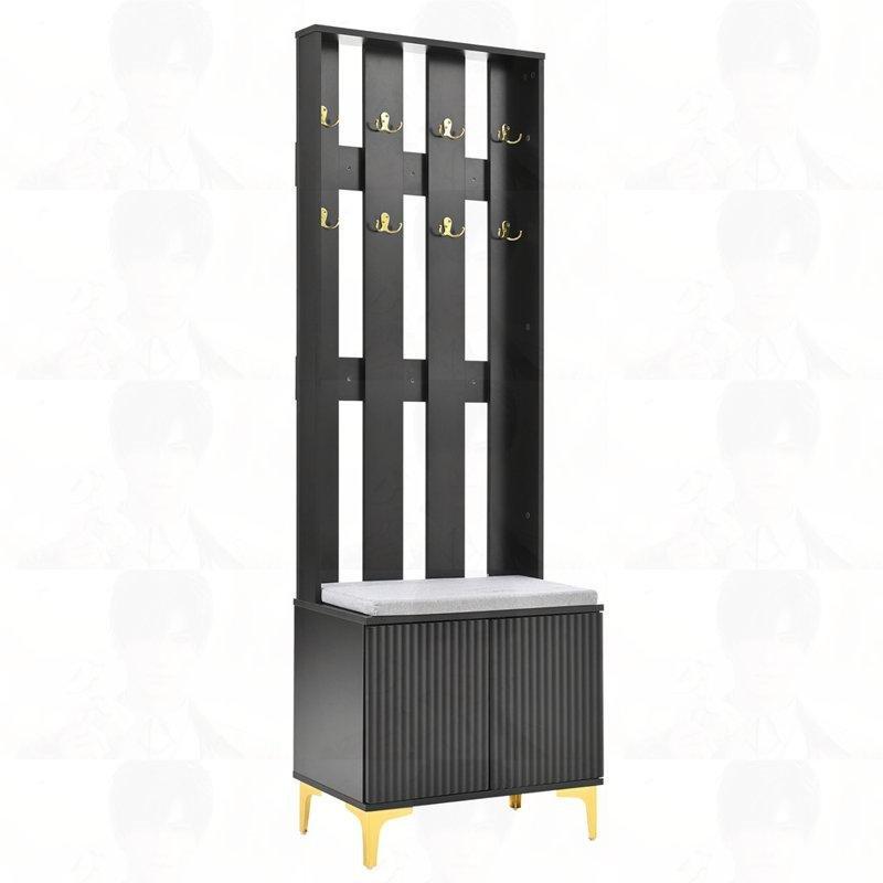 Siyah Ahşap Oturaklı Yivli Kapaklı Gold Detaylı Portmanto Vestiyer - 60x35x180 cm - 159598