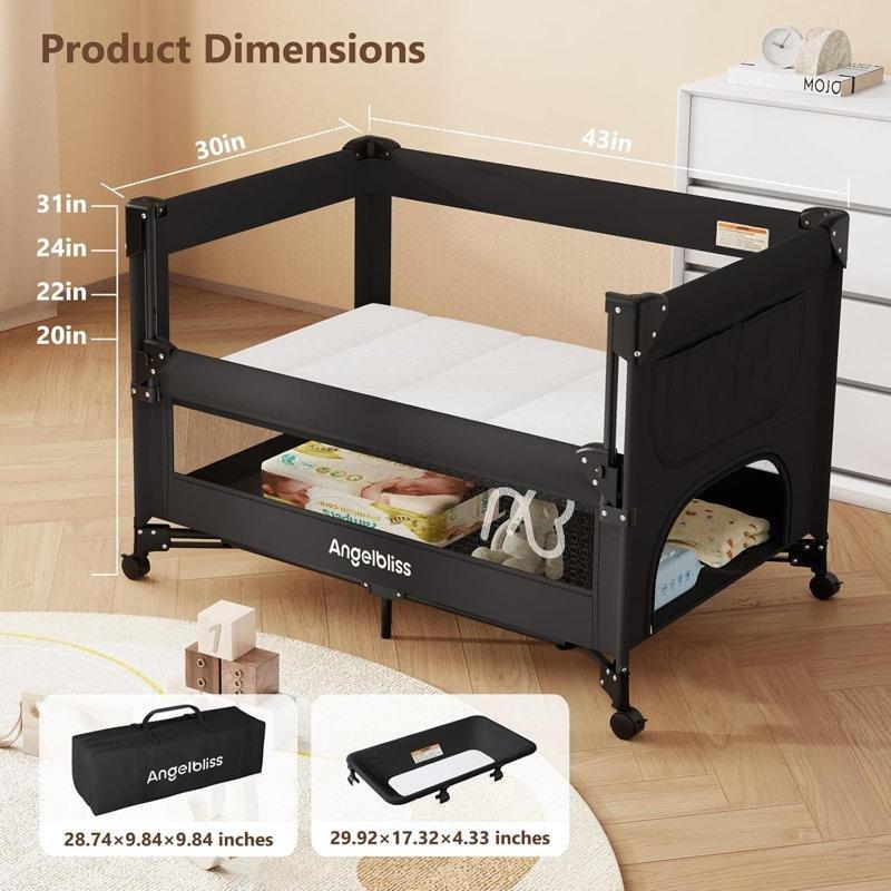 Siyah Alüminyum Katlanabilir Alt Değiştirme Üniteli Ayarlanabilir Anne Yanı Beşik - 77x77 cm - 161584