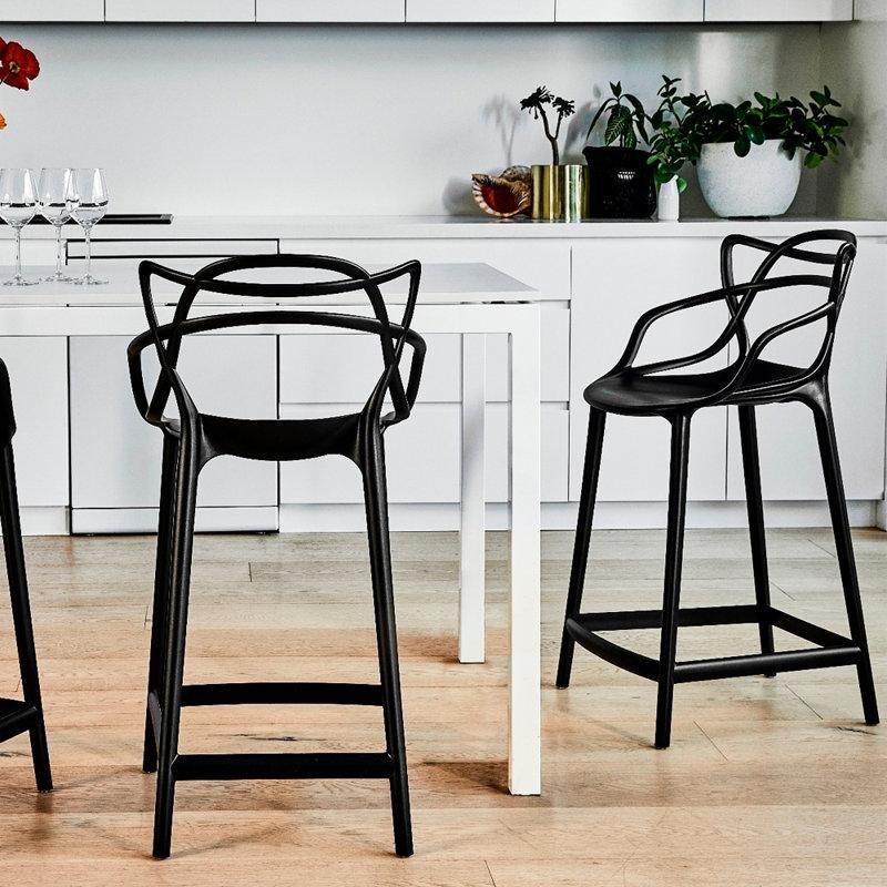 Siyah Beyaz Metal Ayaklı Kolçaklı 3lü Set Plastik Bar Sandalyesi - 67 cm - 148311