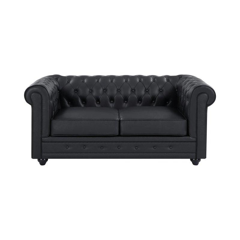 Siyah Bufalo Derisi Kapitoneli Chesterfield İkili Koltuk - 165 cm - 155953