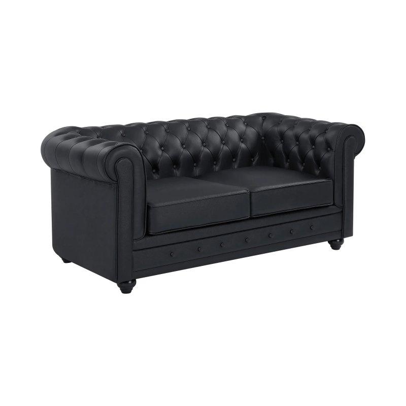 Siyah Bufalo Derisi Kapitoneli Chesterfield İkili Koltuk - 165 cm - 155953