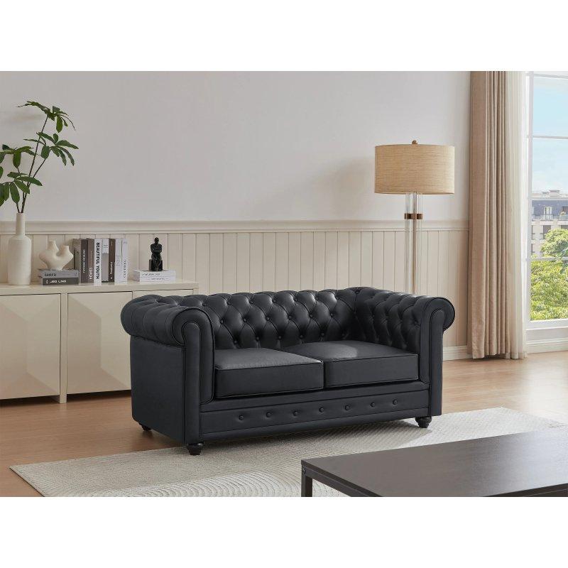 Siyah Bufalo Derisi Kapitoneli Chesterfield İkili Koltuk - 165 cm - 155953