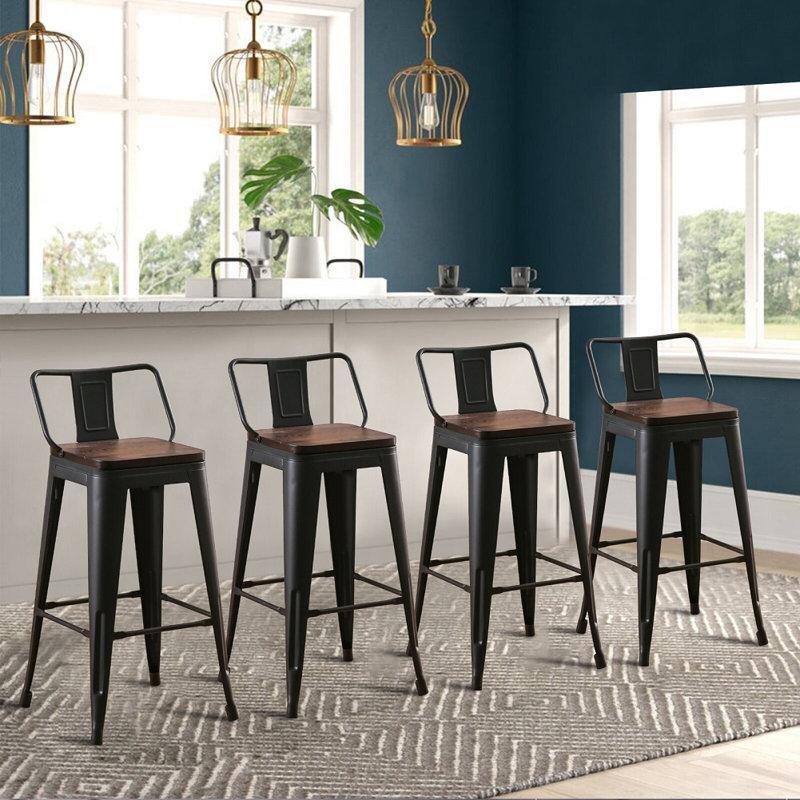 Siyah Çelik ve Kahverengi Ahşap İstiflenebilir Alçak Sırtlıklı 4lü Set Bar Sandalyesi - 77 cm - 147993
