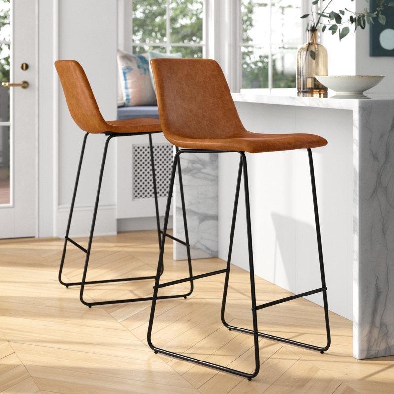 Siyah Demir Kızak Ayaklı Suni Deri Modern Bar Sandalyesi İkili Set - 77 cm - 147849