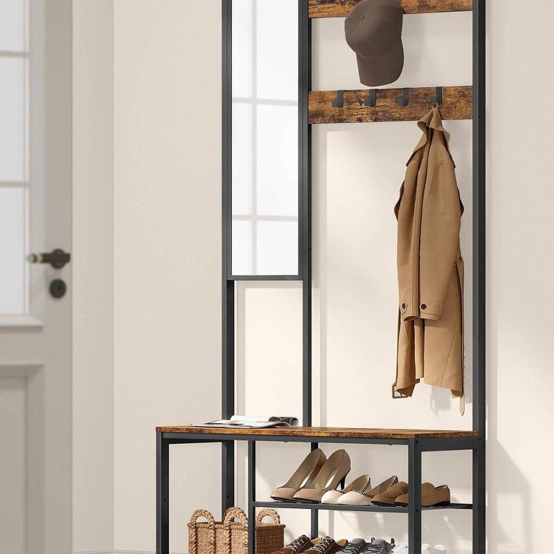 Siyah Demir ve Koyu Kahverengi Suntalam Aynalı Oturaklı Portmanto Vestiyer - 98x36x185 cm - 158764