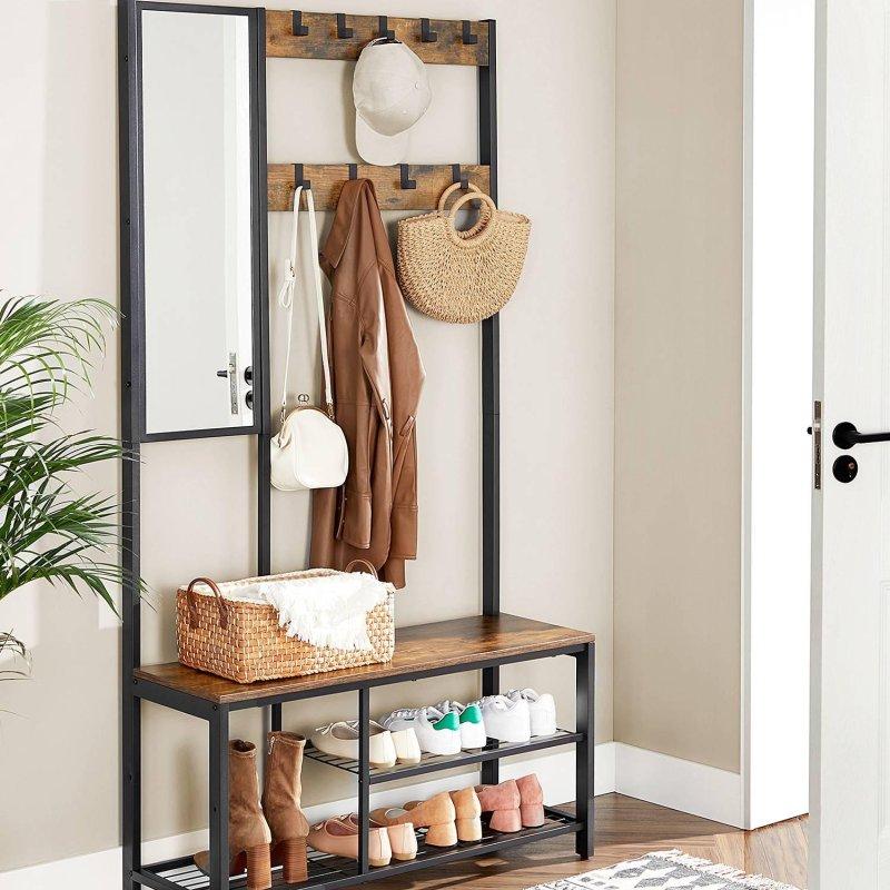 Siyah Demir ve Koyu Kahverengi Suntalam Aynalı Oturaklı Portmanto Vestiyer - 98x36x185 cm - 158764