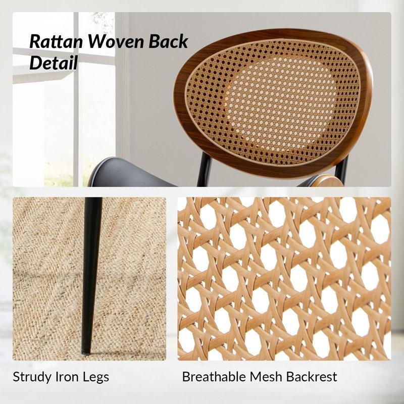 Siyah Deri Döşemeli Rattan Örgü Sırtlı 2li Set Bohem Sandalye - 53 cm - 145548