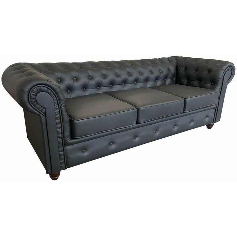 Siyah Deri Görünümlü Kumaş Kapitoneli 3 Kişilik Chesterfield Koltuk - 213x85x72 cm - 152350