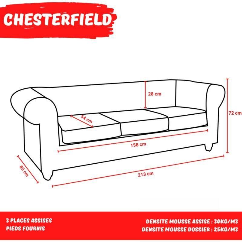 Siyah Deri Görünümlü Kumaş Kapitoneli 3 Kişilik Chesterfield Koltuk - 213x85x72 cm - 152350