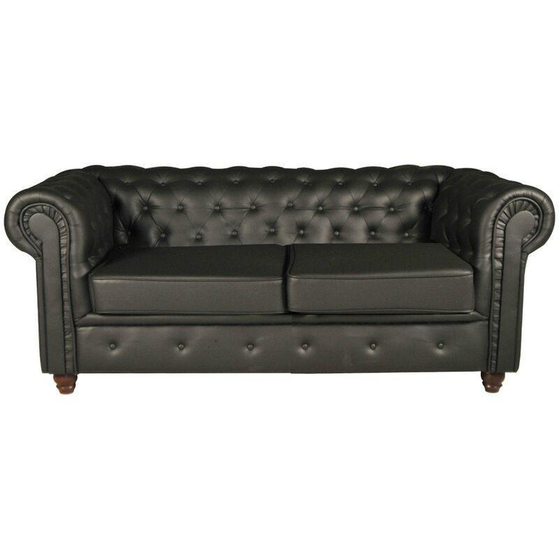 Siyah Deri Görünümlü Kumaş Kapitoneli İkili Chesterfield Koltuk - 183x85x72 cm - 152313