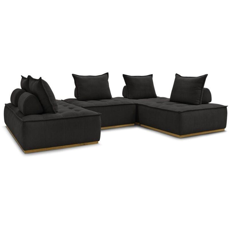 Siyah Dokulu Kumaş Masif Ahşap Modüler Kolçaksız Panoramik Köşe Koltuk - 300x175 cm - 154033