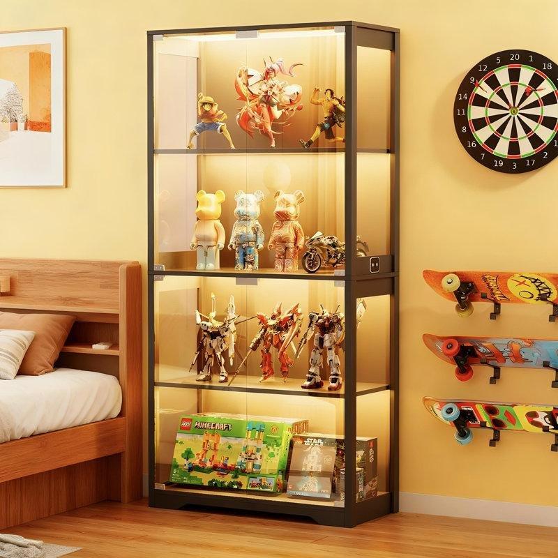 Siyah Endüstriyel Ahşap 3 Renkli LED Aydınlatmalı Sensörlü Camlı Oyuncak Dolabı - 166x81x36 cm - 150264