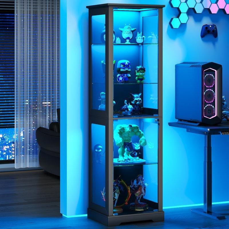 Siyah Endüstriyel Ahşap 3 Renkli LED Işıklı Sensörlü 5 Raflı Camlı Oyuncak Dolabı - 180x50x40 cm - 149862