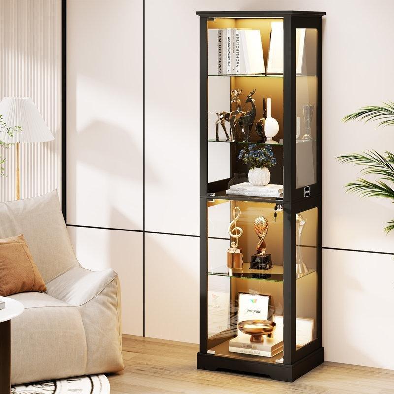 Siyah Endüstriyel Ahşap 3 Renkli LED Işıklı Sensörlü 5 Raflı Camlı Oyuncak Dolabı - 180x50x40 cm - 149862