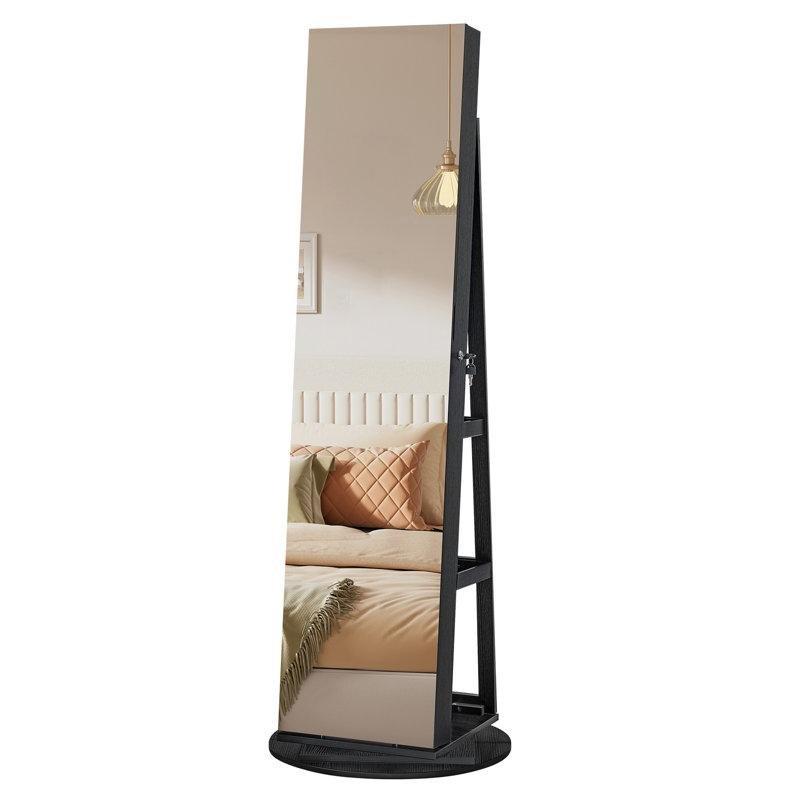 Siyah Endüstriyel Ahşap Dönebilen LED Işıklı Kilitli Boy Aynalı Takı Dolabı - 145314