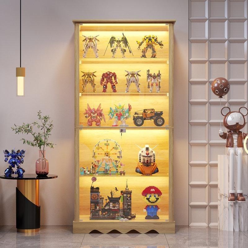Siyah Endüstriyel Ahşap Hareket Sensörlü LED Işıklı 5 Raflı Camlı Oyuncak Dolabı - 181x81x41 cm - 149859