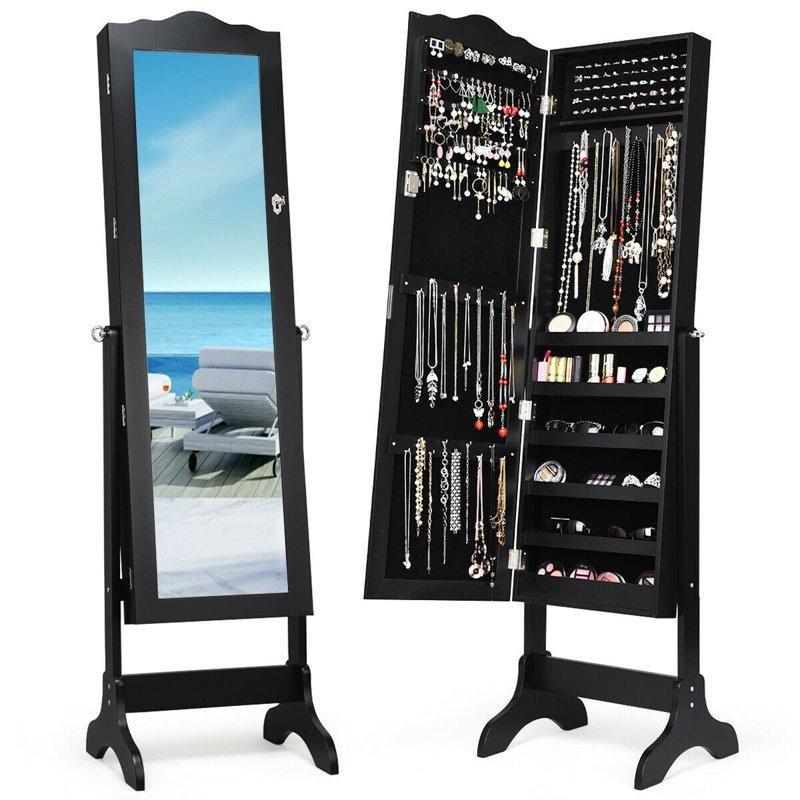 Siyah Endüstriyel Ahşap Kilitli Boy Aynalı Ayaklı Takı Dolabı - 161x45 cm - 145320