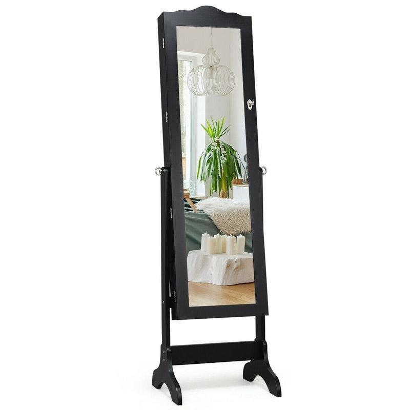 Siyah Endüstriyel Ahşap Kilitli Boy Aynalı Ayaklı Takı Dolabı - 161x45 cm - 145320