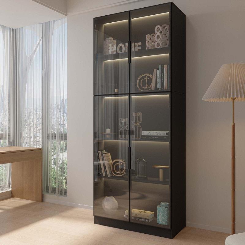 Siyah Endüstriyel Ahşap LED Aydınlatmalı 5 Raflı Camlı Oyuncak Dolabı - 200x81x42 cm - 149805