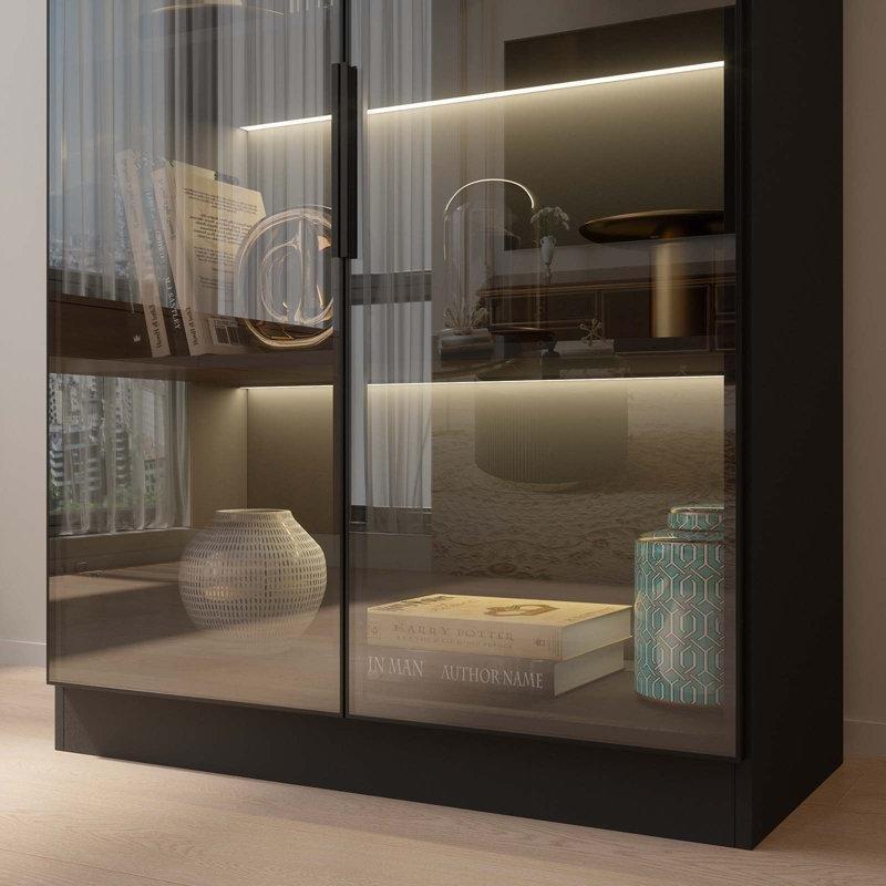Siyah Endüstriyel Ahşap LED Aydınlatmalı 5 Raflı Camlı Oyuncak Dolabı - 200x81x42 cm - 149805