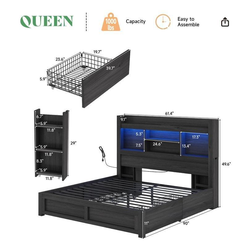 Siyah Endüstriyel Ahşap LED Işıklı 4 Çekmeceli Raflı USB Şarjlı Karyola - 160x200 cm - 143404