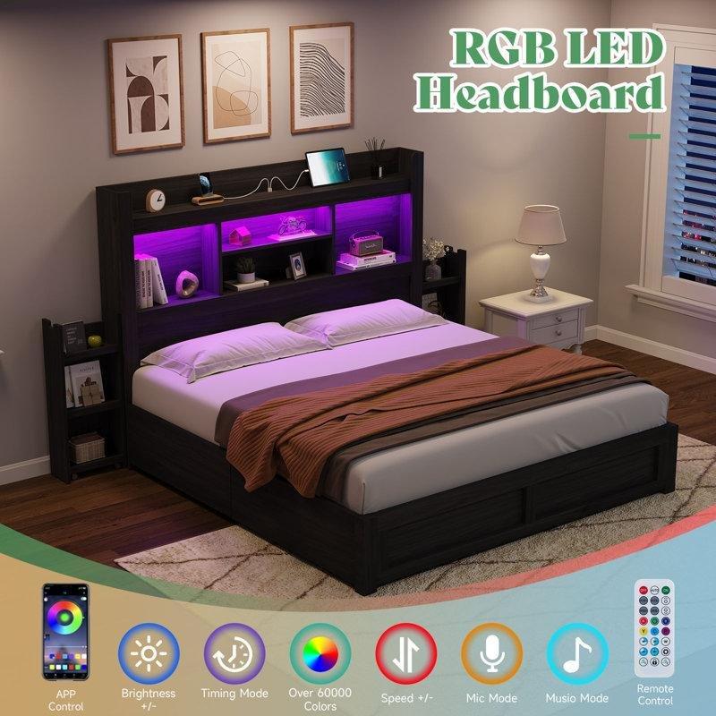 Siyah Endüstriyel Ahşap LED Işıklı 4 Çekmeceli Raflı USB Şarjlı Karyola - 160x200 cm - 143404